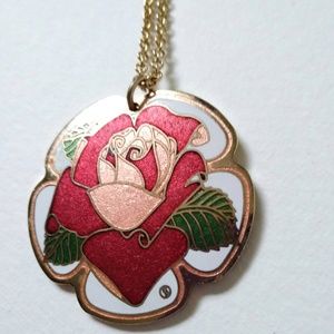 Vintage Cloisonné Enamel Rose Pendant Necklace